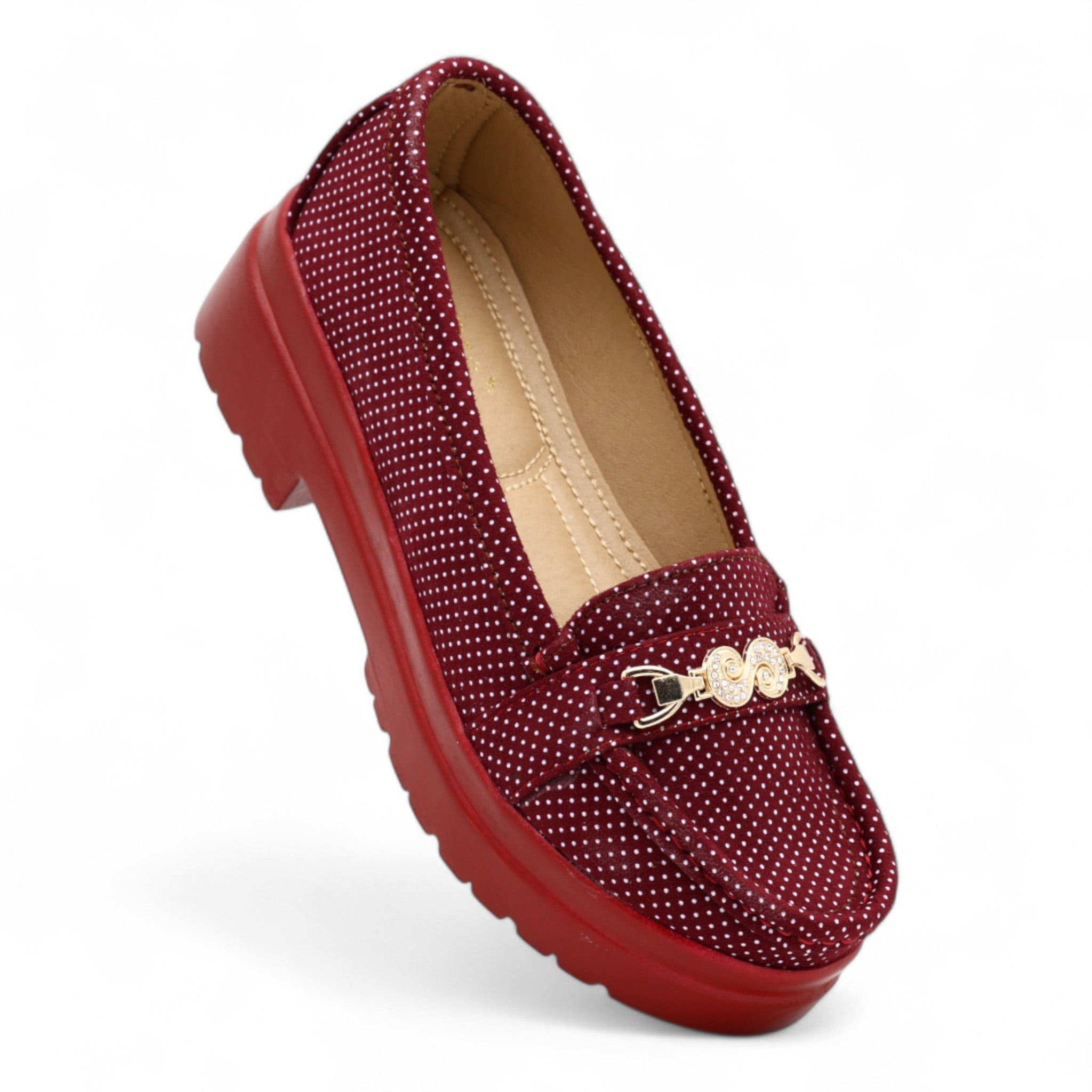 Red loafer shoe with rhinestone embellishment on a white background