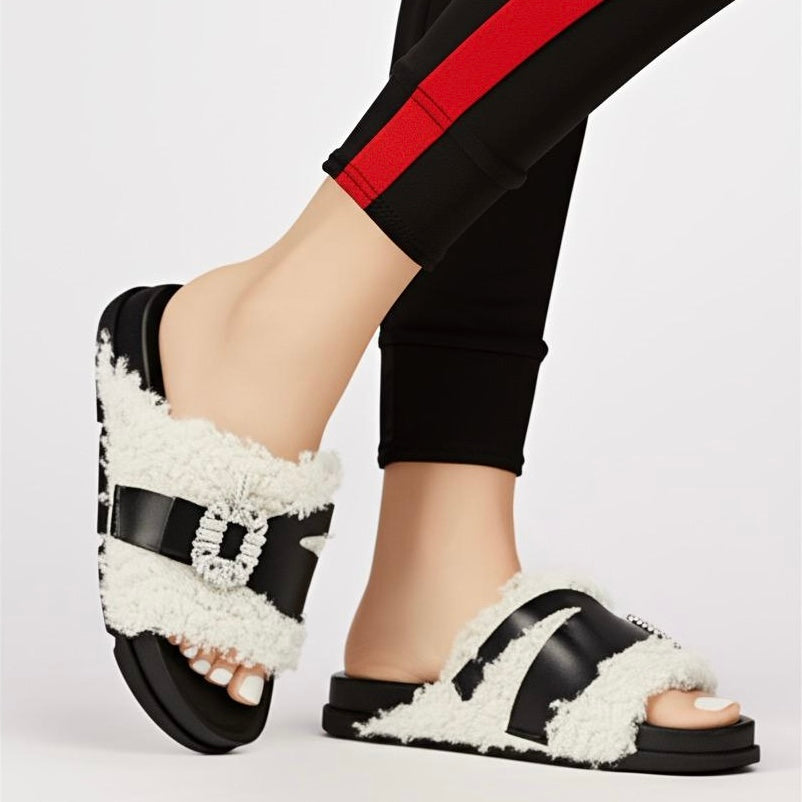 Buckle fur slipper