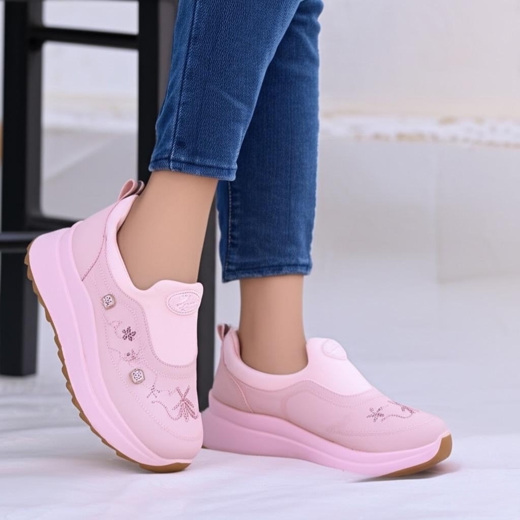 Pink slip-on shoes worn with blue jeans on a light background