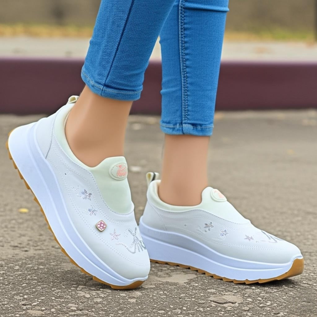 Light green slip-on shoes with floral designs worn by a person on a blurred outdoor background